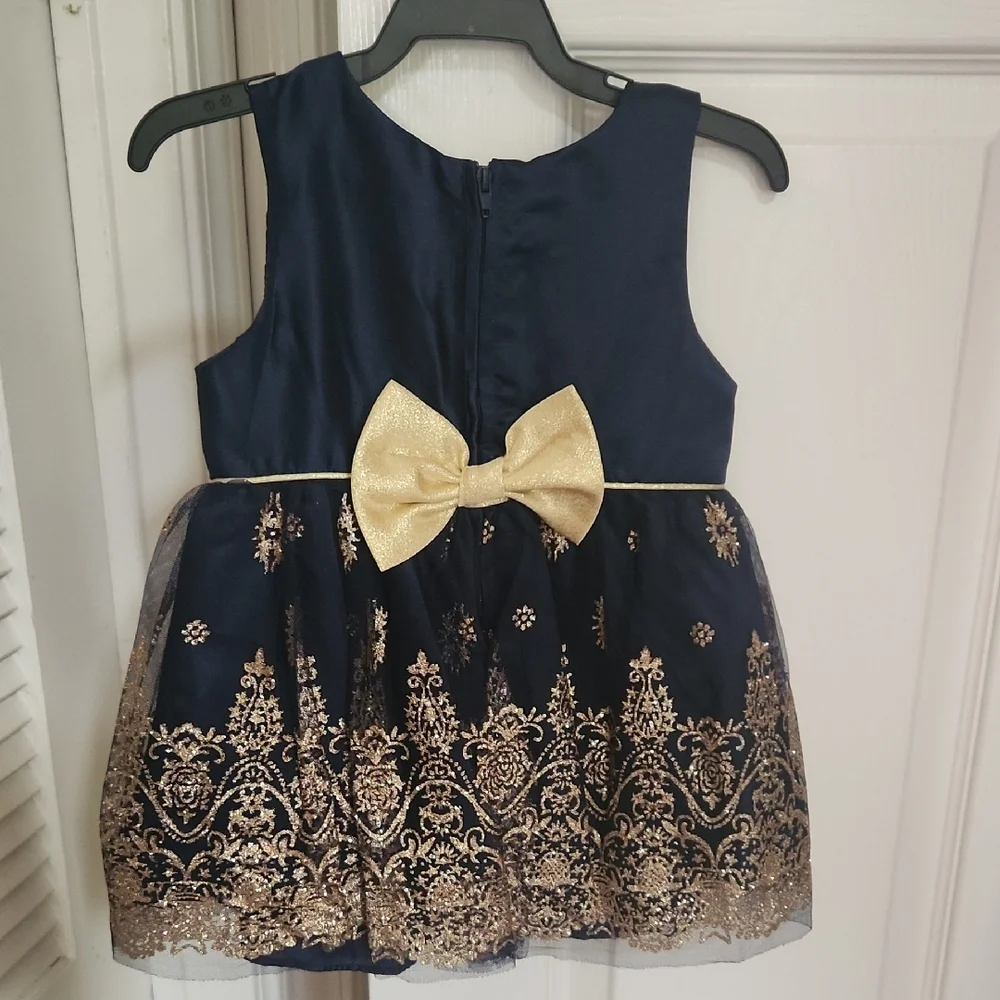 Rare Editions Navy and Gold Dress with Plush Shrug Diaper Cover Panty 24 Months